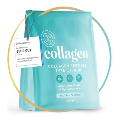 Abbildung von Collagen Pulver [400g] Premium Kollagen Hydrolysat Peptide Typ 1, 2 und 3 Hochdosiert Kollagenpulver mit Hyaluronsäure Elastin Geschmacksneutral in Deutschland hergestellt Alpha Foods