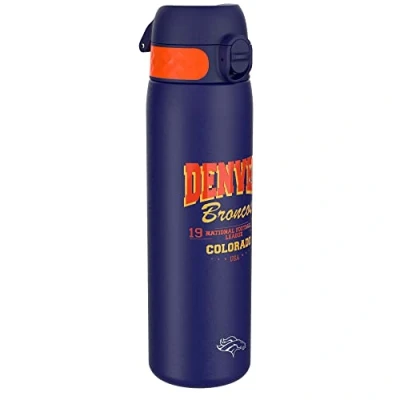 Abbildung von Ion8 Stahl Trinkflasche, 600 ml, Auslaufsicher, Einhandöffnung, Sichere Verriegelung, Spülmaschinenfest, Klappdeckel, Tragegriff, Leicht zu Reinigen, Langlebig, NFL Broncos Design