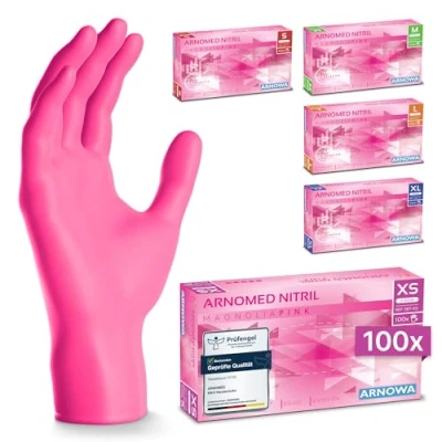 Abbildung von ARNOMED Einweghandschuhe Pink mit 100 Stück/Box, Einmalhandschuhe XS, Nitrilhandschuhe, Handschuhe Einweg puderfrei, latexfreie Gummihandschuhe, in S, M, L &amp; XL verfügbar