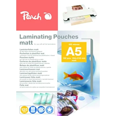 Abbildung von Peach Laminierfolien A5 125 mic 100 pouches matt beschreibbar Premiumqualität für beste Laminierergebnisse kompatibel mit Geräten aller Markenhersteller S PP525 30