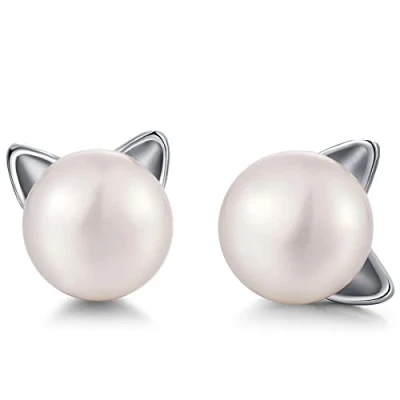 Abbildung von jiamiaoi Katzen Ohrringe Silber 925 Mädchen Kinder Katze Perlenohrringe Perlen Ohrstecker Perle Perlenstecker Deko Schmuck