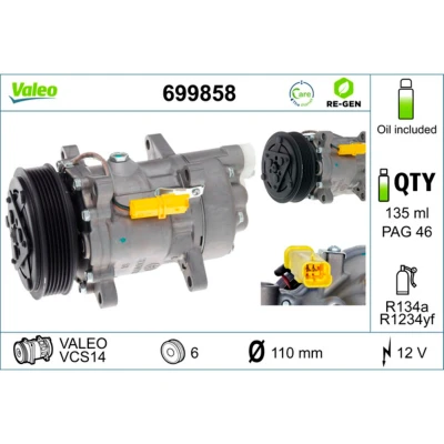 Abbildung von VALEO 699858 Kompressor 6V12 12 PAG 46 R 134a mit Kompressoröl AUSTAUSCHTEIL PEUGEOT: 307 Estate, 206 Hatchback, Hatchback