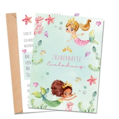 Abbildung von MeinBaby123® 10 Einladungskarten Kindergeburtstag Mädchen Geburtstagseinladungen für Kinder Meerjungfrau inkl. Briefumschläge Premium Qualität (Meerjungfrau V1)