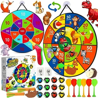 Abbildung von Amzeeniu 66cm Klett Dartscheibe Kinder Dartspiel Doppelseitige Faltbare Klettballspiel mit 12 klebrigen Bällen 6 Pfeilen und 2 Haken Wurf Spiel Scheibe Einschulung Spiele Geschenke Spielzeug