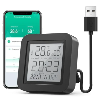 Abbildung von GHome Smart WLAN Thermometer Hygrometer, Infrarot Fernbedienung, Digital Temperatur luftfeuchtigkeitsmesser mit App Benachrichtigungsalarm, kompatibel Alexa und Google Assistant(1 Pack)