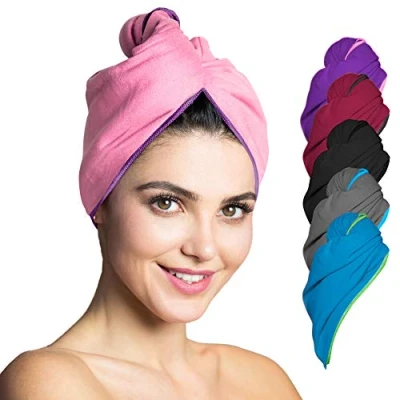 Abbildung von Fit Flip Haarturban Mikrofaser 1 Stück Haarhandtuch mit Knopf schnelltrocknend und saugstark Microfaser Kopf Turban Haar Handtuch (rosa lila)