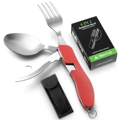 Abbildung von Hikenture Campingbesteck 4 In 1 Messer Gabel Löffel Flaschenöffner Set aus Edelstahl mit Gürteltasche Klappbesteck für Camping und Outdoor (Rot)
