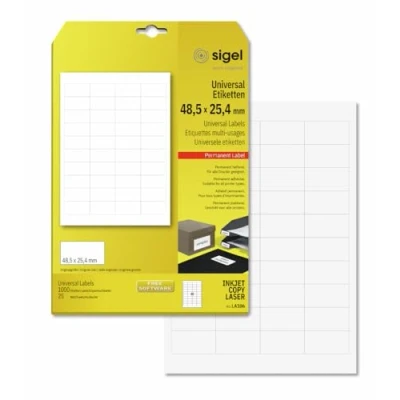 Abbildung von SIGEL LA106 Mini Etiketten selbstklebend, bedruckbar, weiß, 48,5 x 25,4 mm, z.B. Preisauszeichnung, 1000 = 25 Blatt