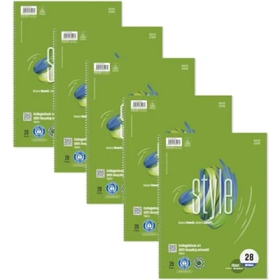 Abbildung von Staufen Ursus Style Collegeblock, 5 Stück, DIN A4, Lineatur 28 (5mm kariert mit Randlinien), 80 Blatt, 4 fach Lochung, premiumweißes 70g/m² Recyclingpapier, Green