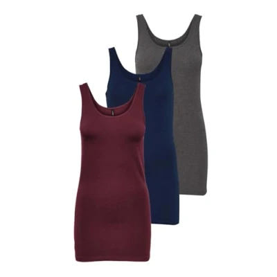 Abbildung von ONLY Damen Onllive Love Long Tank Top 3er Pack für Frauen, Dark Grey Melange/Pageant Blue/Port Royale, S
