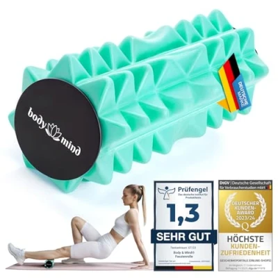 Abbildung von Body &amp; Mind® Mini Faszienrolle Kompakte Massage Rolle für gezieltes Faszientraining; Ideal Füße, Hände, Knie Nacken, Rücken, Beine weitere Muskelgruppen; 15 x 6 cm (Grün)