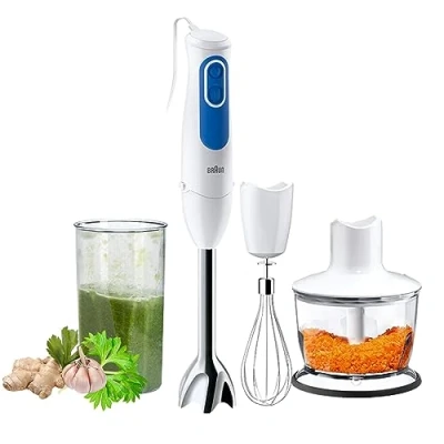 Abbildung von Braun Household Stabmixer MQ 3035 WH MultiQuick 3 Pürierstab mit Edelstahl Mixfuß, 2 Geschwindigkeiten, Spritzschutz, Spülmaschinenfest, Zerkleinerer, Schneebesen &amp; 600ml Mix und Messbecher, Weiß