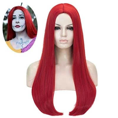 Abbildung von ATAYOU Damen Rot Perücke Lange Glat Rote Synthetische Hitzebeständig Halloween Canival (Rot)