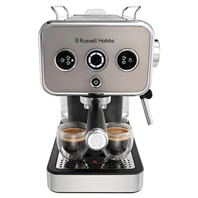 Abbildung von Russell Hobbs Espressomaschine [Siebträgermaschine] Distinction Edelstahl Titanium (15 Bar, Einsatz 1&amp;2 Tassen, ESE Pads, autom.Dosieren &amp; man.Option, Dampfdüse f Heißwasser Milchschaum) 26452 56