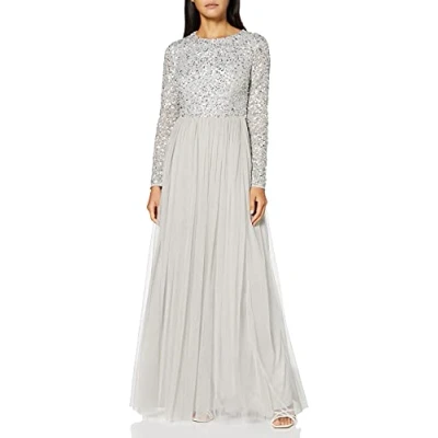 Abbildung von Maya Deluxe Damen Women&#039;s for Wedding Guest Plus Size Large Rich High Waist Sequins Long Sleeve Prom Evening Bridesmaid Dress, Soft Grey, 40 EU