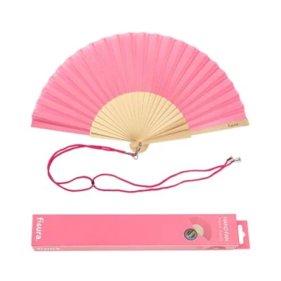 Abbildung von Fisura Rosafarbener Handfächer Moderner und lustiger Holzfächer. Origineller Fächer für den Sommer. mit Aufhängung. Maße: 42,5 Zentimeter x 23 Zentimeter.
