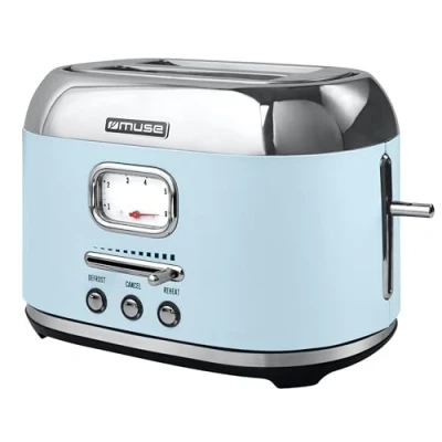 Abbildung von Muse Retro Toaster, 2 Scheiben, 6 Bräunungsstufen, analoge Anzeige, beleuchtete Tasten, Krümelschublade, pastell blau