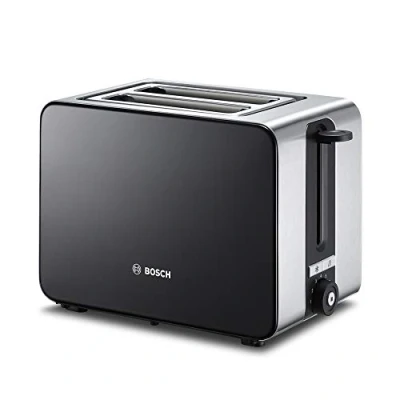 Abbildung von Bosch Kompakt Toaster ComfortLine TAT7203, integrierter Edelstahl Brötchenaufsatz, mit Abschaltautomatik, Auftaufunktion, perfekt für 2 Scheiben Toast,1050 W, Edelstahl/schwarz