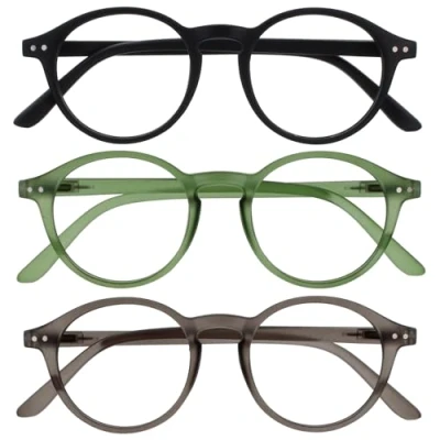 Abbildung von OPULIZE REY Lesebrille 3er Pack Runder Retro Rahmen Mattschwarz, Grün, Grau Herren Damen Federscharniere RRR56 167 +2.50