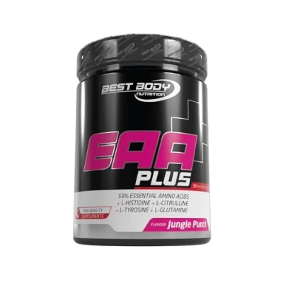 Abbildung von Best Body Nutrition Professional EAA Plus alle 8 essentielle Aminosäuren + L Histidin, Tyrosin, Glutamin und Citrullin VEGAN Jungle Punch 450 g Dose