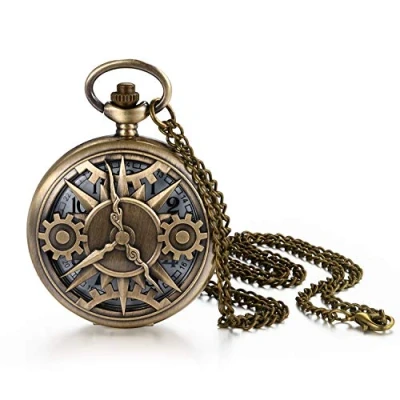 Abbildung von JewelryWe Taschenuhr Herren Retro Zahnrad Kettenuhr Analog Quarz Uhr mit Halskette Kette Pocket Watch Geschenk für Männer Frau