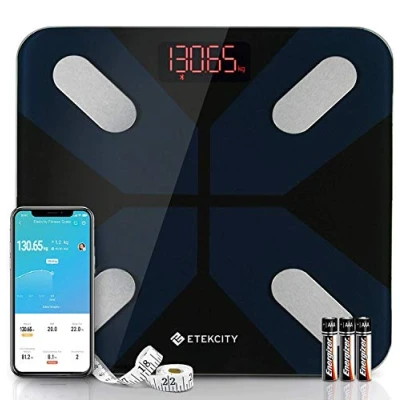 Abbildung von Etekcity Bluetooth Körperfettwaage, Personenwaage digital mit Intelligenten APP für Körpergewicht, Fett, BMI, Muskelmasse, Wasser, Protein usw, 28st/180kg/400lb, Einschließlich Batterien, Schwarz