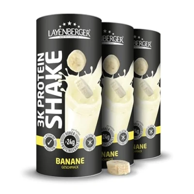Abbildung von Layenberger 3K Protein Shake 80% Eiweiß und nur 3,6% Kohlenhydrate bei 6,8 g Zucker, (3x 360 g) Banane