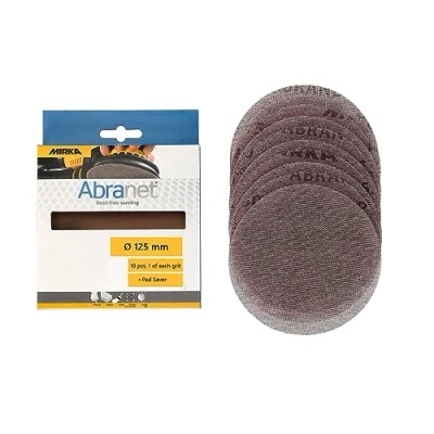 Abbildung von Mirka Abranet Netzschleifscheiben 125mm Klett / Mix Pack 1 von jeder Körnung P80 P600 + Schutzauflage 10 Stk Für alle Exzenterschleifer und Schleifmaschinen
