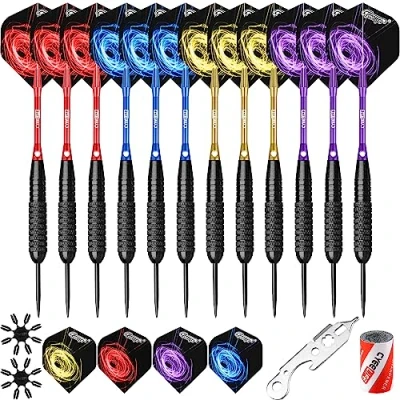 Abbildung von CyeeLife 22g Dartpfeile mit Metallspitze,12 Alu Schäften+Sharpener+Werkzeug+16 Flights und 16 Flightkappen,Steeldarts Set