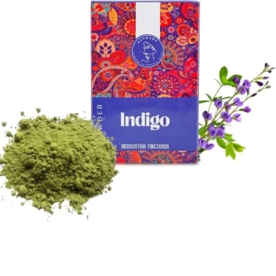 Abbildung von AATMANA Indigo Pulver, Indigofera Tinctoria, für schwarzes und natürliches Haar, fördert das Haarwachstum, erhöht die Haardicke, wirkt mit Henna 100 g