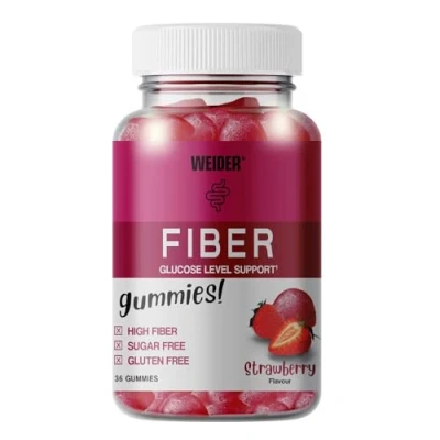 Abbildung von Weider Fiber Gummies (36 Stück) Erdbeer Geschmack. Gummis mit 6g löslichen Ballaststoffen (Fibersol) pro Portion, unterstützt Verdauung und Blutzuckerkontrolle. Ohne Zuckerzusatz, Glutenfrei