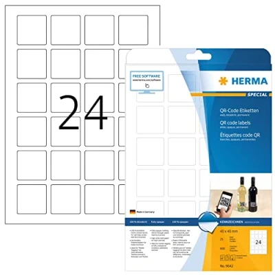 Abbildung von HERMA 9642 QR Code Etiketten blickdicht quadratisch, 25 Blatt, 40 x mm, 24 pro A4 Bogen, 600 Stück, selbstklebend, bedruckbar, matt, blanko Papier Klebeetiketten Aufkleber, weiß