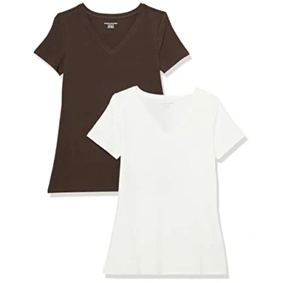 Abbildung von Amazon Essentials Damen T Shirt mit kurzen Ärmeln und V Ausschnitt in normaler Passform, 2er Pack, Espresso/Weiß, S