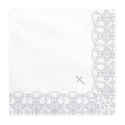 Abbildung von 20 Servietten 33x33cm weiß mit silberem Ornament Kommunion Konfirmation Taufe