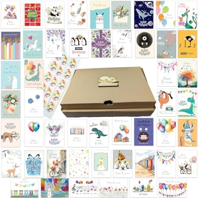 Abbildung von the lazy panda card company 50 beliebte Geburtstagskarten mit Aufklebern und Umschlägen aus Recyclingpapier, Multipack Set (50 Mix)