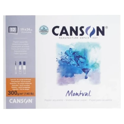 Abbildung von CANSON Montval, Aquarellpapier, fein, 300 g/m², rundum geleimter Block, 19 x 24 cm, Weiß, 12 Blatt