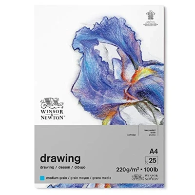 Abbildung von Winsor &amp; Newton 6689747 Zeichenpapier im Block 25 Blatt A4, 220g/m², mittlere Körnung, natürliches Weiß, säurefrei, Alterungsbeständig, Ideal für Bleistift, Buntstift, Pastell und Kohle