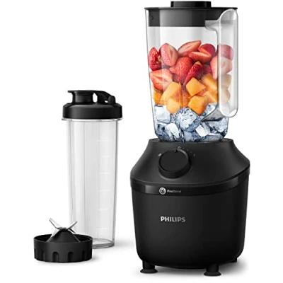 Abbildung von Philips HR2041/41 Standmixer (450 Watt, ProBlend Technologie, 1,9 Liter Kunststoffbehälter, inkl. Trinkflasche) schwarz