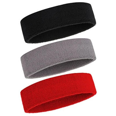 Abbildung von ONUPGO Schweißband Stirnband für Männer &amp; Frauen 3PCS Sports Stirnbänder Feuchtigkeitstransport Athletic Cotton Terry Cloth Schweißabsorbierende Kopfband (Black/Grey/Red)