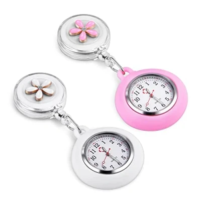 Abbildung von Vicloon Krankenschwester Armbanduhr Einziehbare, 2 Pcs Schwesternuhr mit Glow Pointer und Clip, Fob Uhr Quarzwerk, Silikonband, Ansteckuhr für Krankenschwestern Ärzte (Weiß + Pink)
