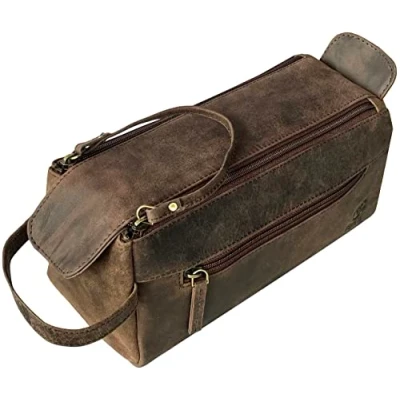 Abbildung von Kulturbeutel aus Leder: Vintage Reise Rasier und Dopp Set: für Toilettenartikel, Kosmetika mehr: Geräumiger Innenraum wasserdichtes Futter: Kompakt, passt problemlos ins Gepäck