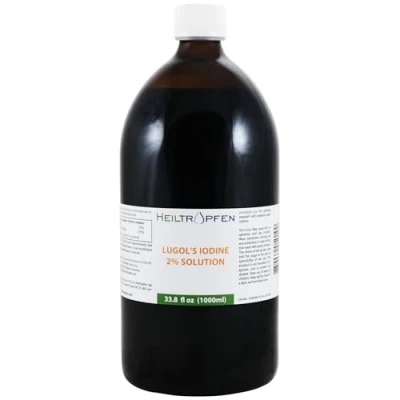 Abbildung von 2% Lugols Lugolsche Jodlösung 1000 ml 6% liquid Formulierung 2 Prozent elementares Jod und 4% Kaliumjodid Inhaltsstoffe in pharmazeutischer Qualität Heiltropfen®