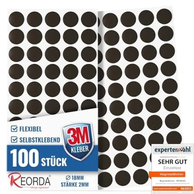 Abbildung von REORDA® Magnetplättchen selbstklebend Magnetstreifen 3M Kleber ermöglicht stärkste Klebekraft Flache Magnete I Magnetfolie (100 Stück (3M Kleber))