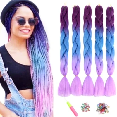 Abbildung von ShowJarlly Jumbo Braid Kunsthaar Haar, Ombre Extension, 24 Zoll Kanekalon Flechten Extensions 5 Stücke Für Crochet Twist Box Hair Zum Einflechten Zöpfe Lila/Marineblau/Hellviolett
