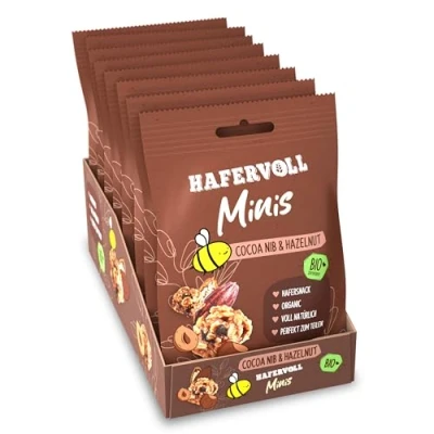 Abbildung von HAFERVOLL Minis Cacoa Nib &amp; Hazelnut 8x 65g Bio zertifiziert, mit Honig ohne Zusatz von Zucker, perfekt zum Teilen