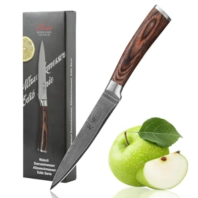 Abbildung von Wakoli EDIB Damastmesser Allzweckmesser mit 12,5cm Klinge gefertigt aus 67 Lagen echtem Damaststahl Pakkaholzgriff I Premium Damast Küchenmesser und Profi Messer in Geschenkverpackung