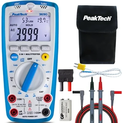 Abbildung von PeakTech 3690 Digitales 5 in 1 Multimeter, Luxmeter, Schallpegelmessgerät, Luftfeuchtigkeitsmessgerät, Spannungsmesser, Thermometer, Handmultimeter, Durchgangsprüfer, Messgerät, 4000 Counts 600 V
