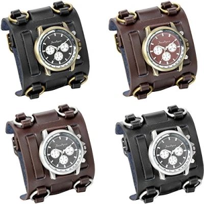 Abbildung von JewelryWe 4pcs Set Herren Armbanduhr, Analog Quarzuhr, 30M Wasserdicht Elegant Casual Sport Uhr mit Breit Leder Armband und Runde Zifferblatt, 4 Verschiedene Modellen