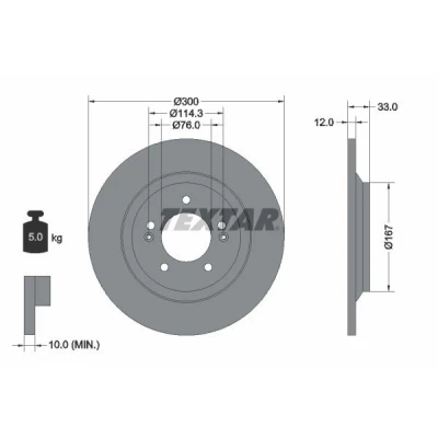 Abbildung von TEXTAR 92296303 Bremsscheibe 300 12 05/07 114,3 voll beschichtet ohne Radbefestigungsbolzen, Radnabe HYUNDAI: i30 III Hatchback, Fastback
