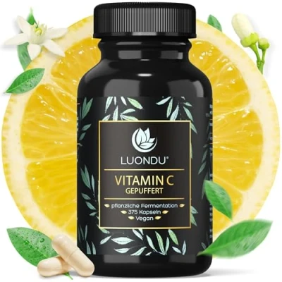 Abbildung von Vitamin C 375 Kapseln gepuffert 1000mg pro Tagesdosis hochdosiert, vegan Gepuffertes aus pflanzlicher Fermentation Hergestellt in DE Luondu®